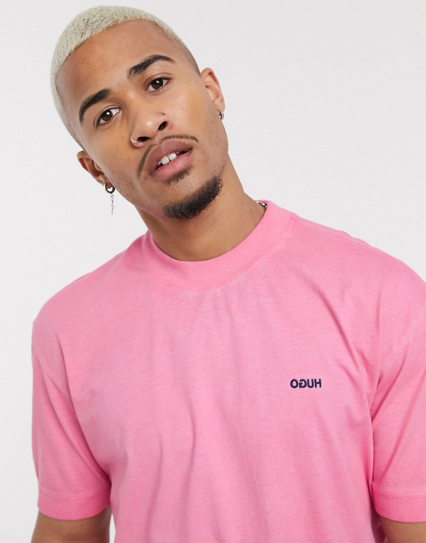 HUGO - Donight - T-shirt comoda rosa con logo ricamato