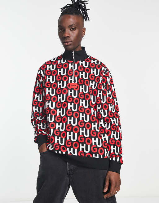 HUGO - Dono - Sweatshirt met 1/4 ritsje en bedekt met logoprint in rood