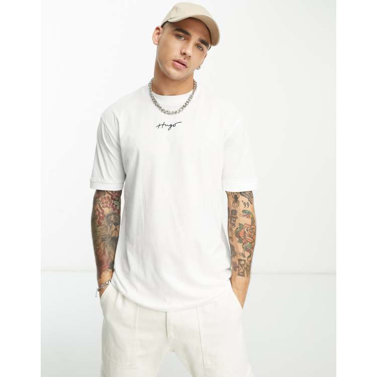 HUGO - Cotton T-shirt with oversize logo embroidery