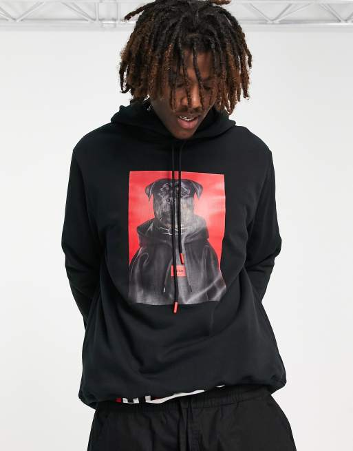 HUGO Doodie hoodie in black with dog front graphics | ASOS