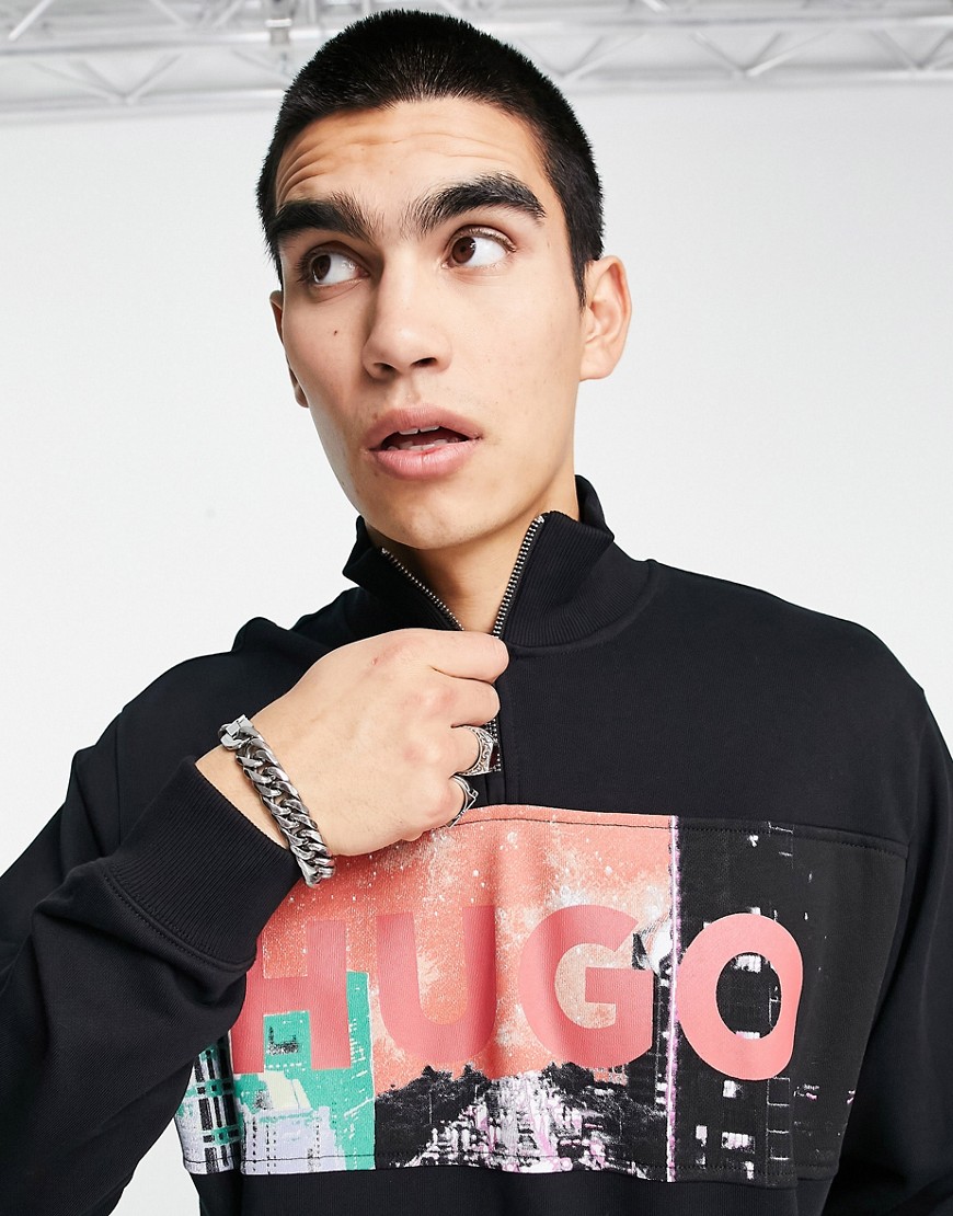 HUGO Doonrise relaxed fit 1/4 sweatshirt in black with front graphics