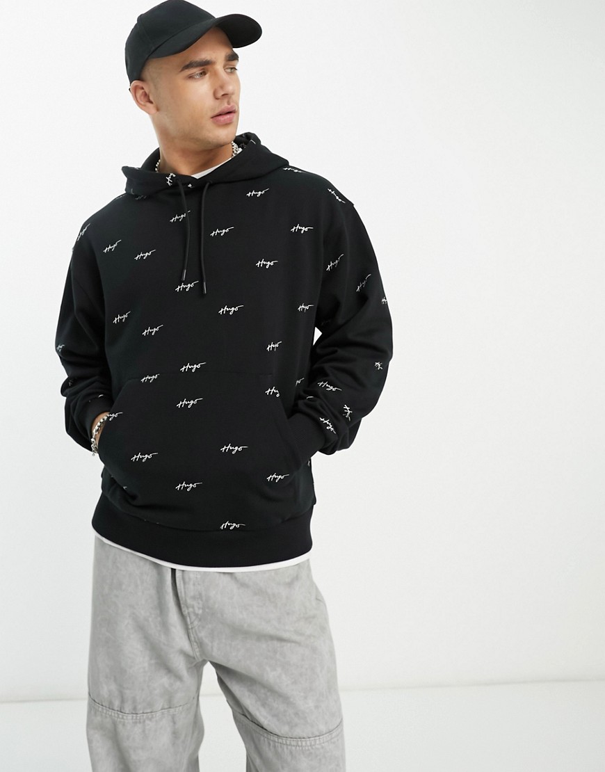 HUGO Dortalezza relaxed fit hoodie in black with all over script logo