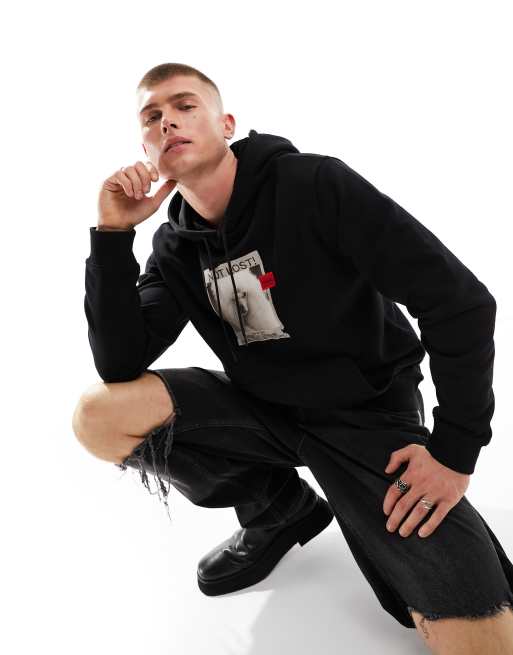HUGO - Dreef - Ruimvallende hoodie met poedelprint in zwart