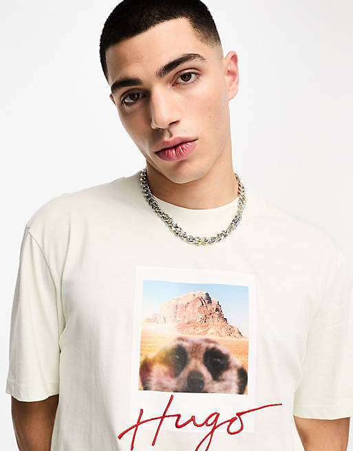 HUGO Driceto meerkat front graphics relaxed fit t-shirt in white | ASOS