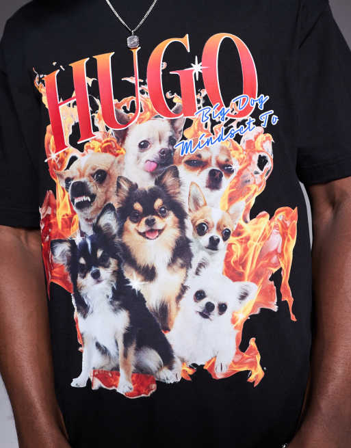 HUGO – Dugie – Svart t-shirt i oversize med hundtryck och logga, 2 av 4