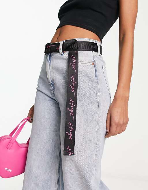 HUGO Duly script logo webbed belt in black