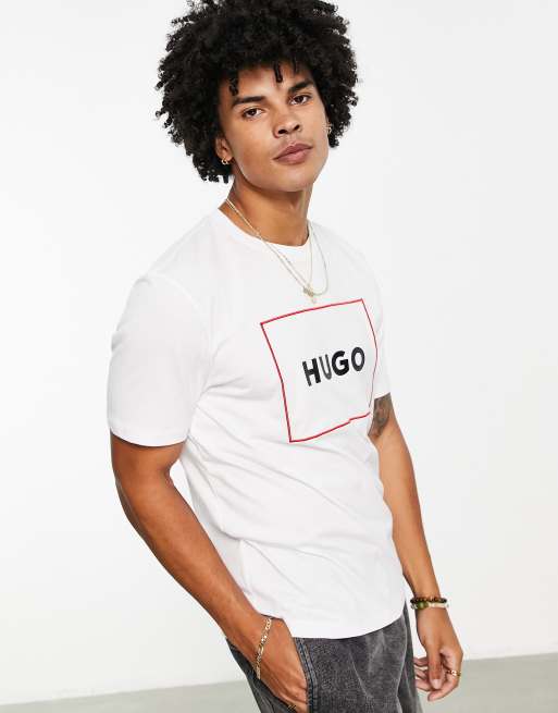 HUGO – Dumex – Biały T-shirt z logo w ramce, 3 z 4