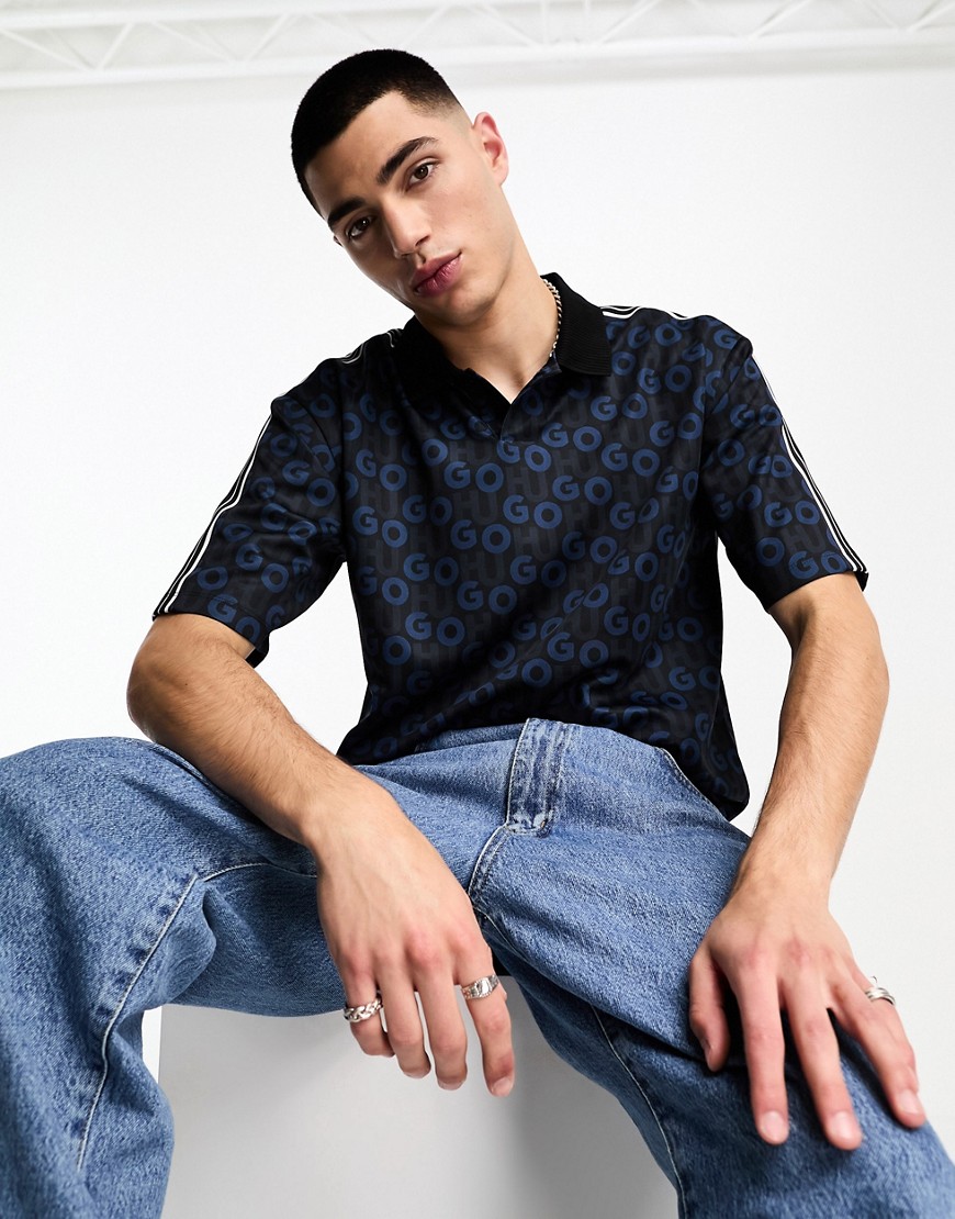 HUGO Dunlun all over logo relaxed fit polo shirt in navy