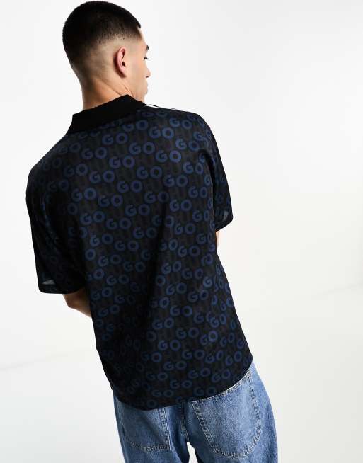 HUGO Dunlun all over logo relaxed fit polo shirt in navy, 2 of 4