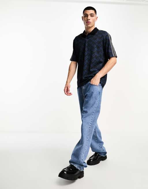 HUGO Dunlun all over logo relaxed fit polo shirt in navy, 4 of 4