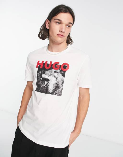 HUGO - Dupus - T-shirt in wit met wolfprints 