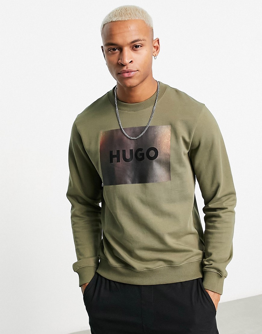 hugo - duragol - khakigrön sweatshirt med suddig boxlogga-grön/a