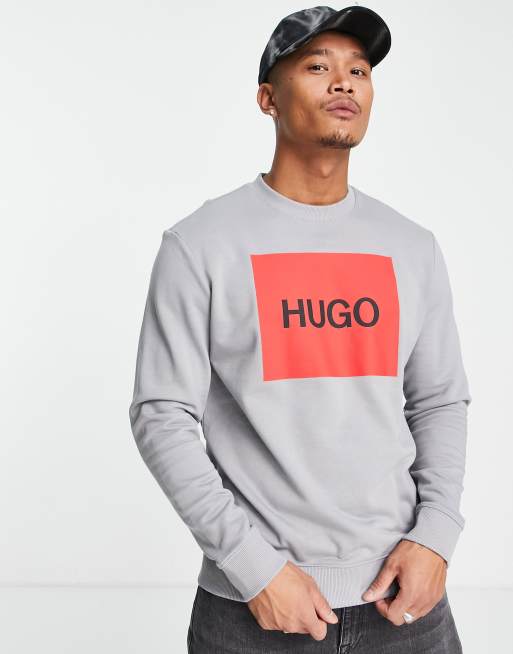 Hugo – Duragol – Szara bluza z okrągłym dekoltem i czerwonym logo