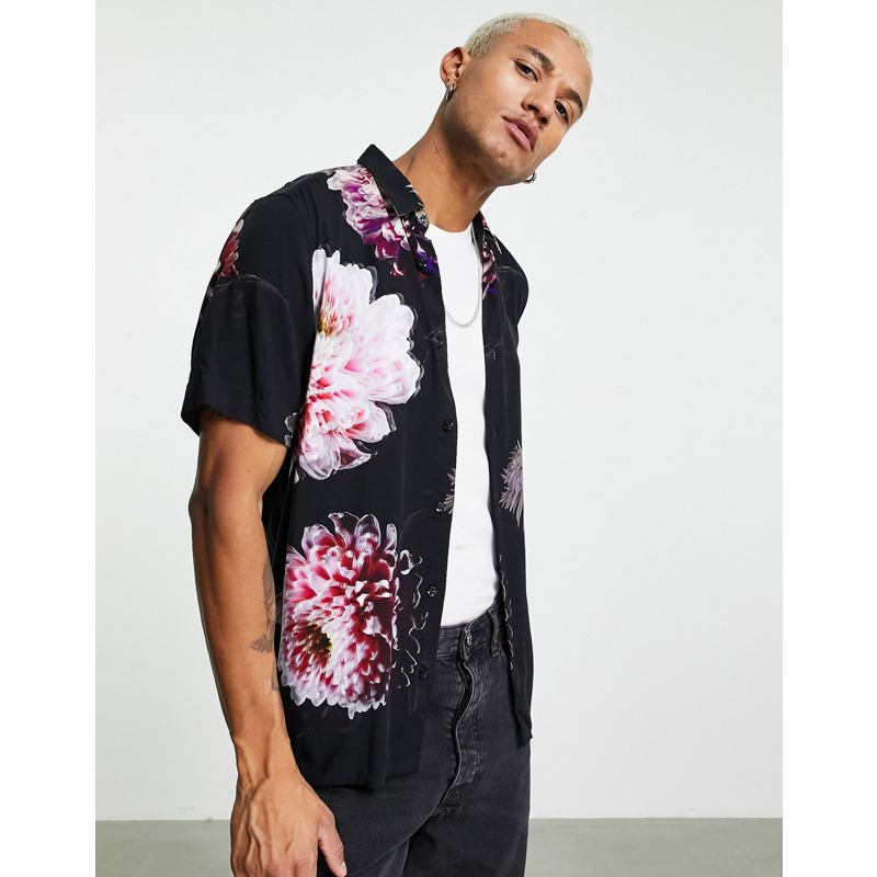 HUGO - Ebor - Camicia a maniche corte nera con stampa floreale