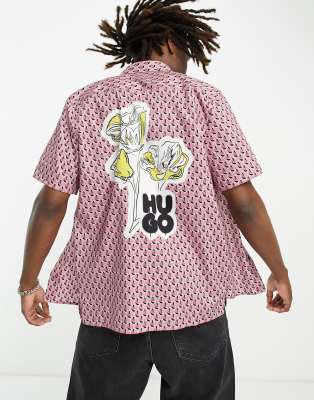 Hugo Red HUGO Ebor relaxed fit short sleeve shirt in bright pink with back print