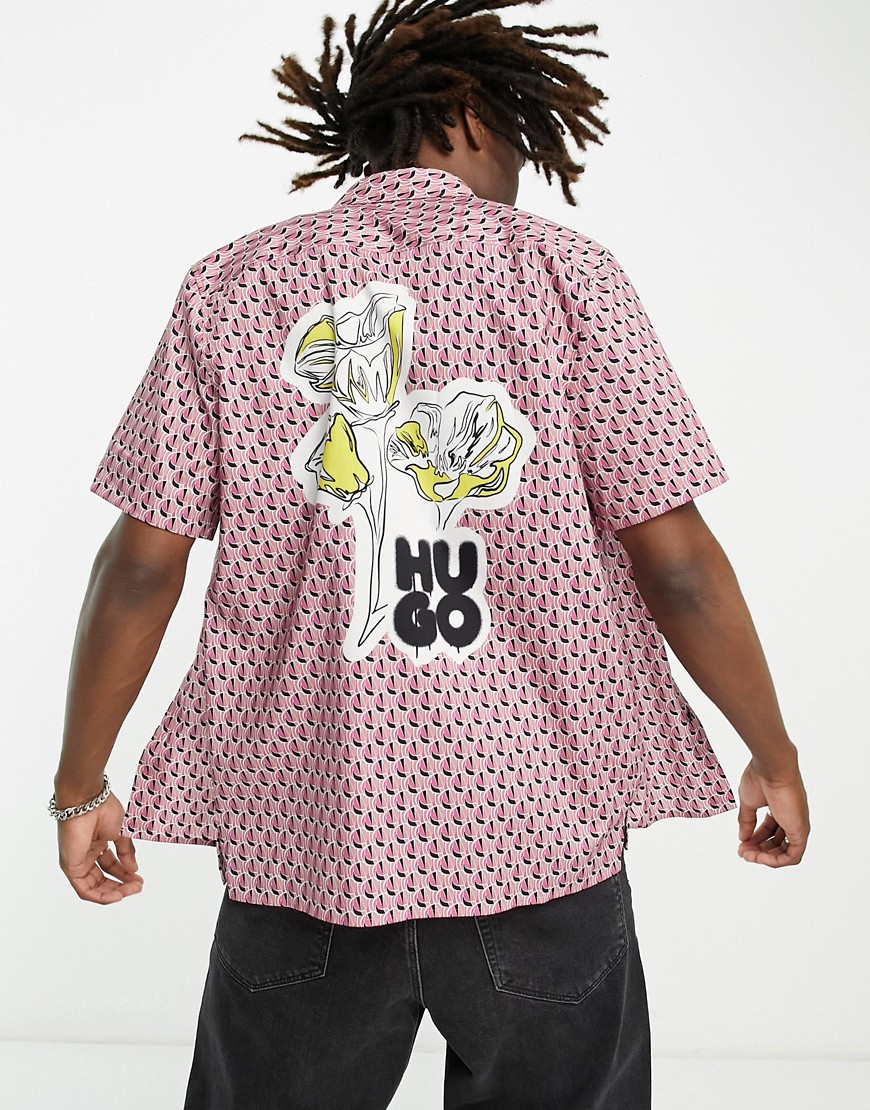 HUGO Ebor relaxed fit short sleeve shirt in bright pink with back print