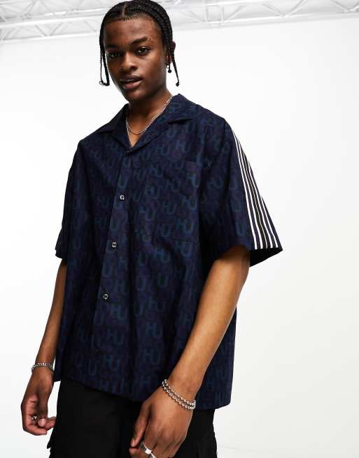 HUGO Egeeno all over logo oversized shirt in dark blue | ASOS