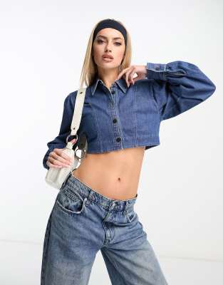 Hugo Red HUGO Ejuly cropped denim shirt in dark blue with puff sleeves