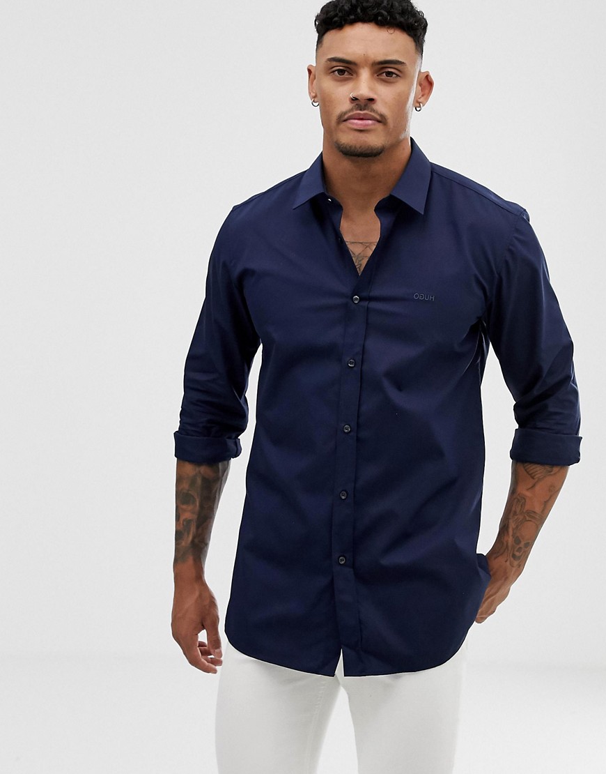 HUGO - Elisha01 - Extra slim-fit overhemd met logo in dezelfde tint in marineblauw