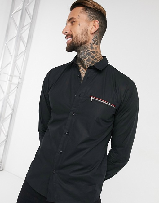 HUGO Elisio shirt with zip detail in black