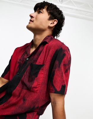 HUGO Ellino printed relaxed fit shirt in red and black