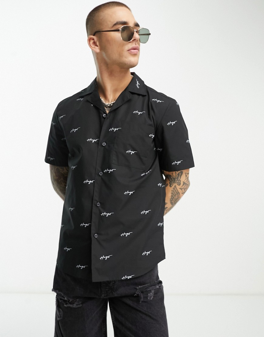 HUGO Ellino relaxed fit short sleeve shirt in black with all over script logo