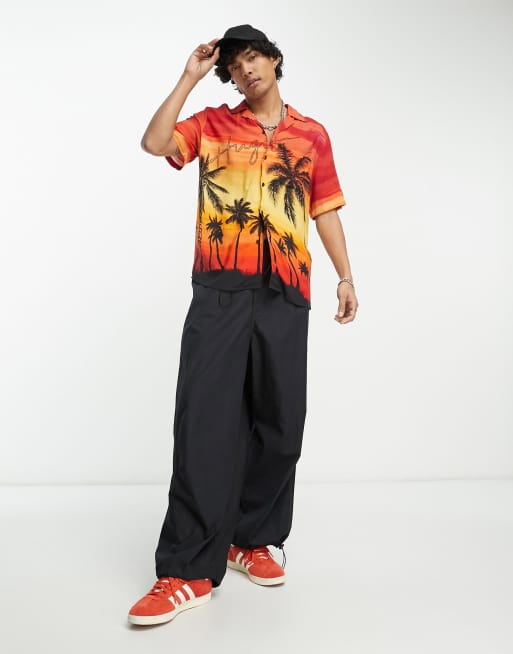 HUGO Ellino relaxed fit short sleeve shirt in orange with all over Venice print