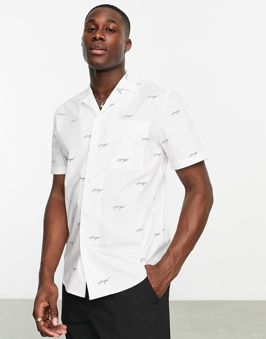 HUGO Ellino relaxed fit short sleeve shirt in white with all over script logo