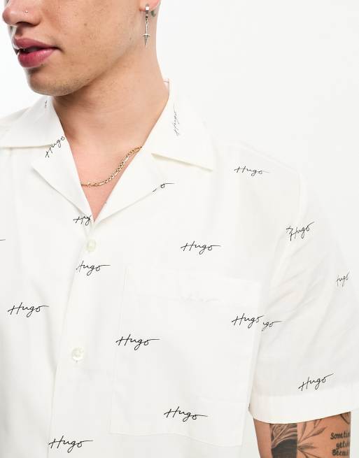 HUGO Ellino relaxed fit short sleeve shirt in white with all over script  logo