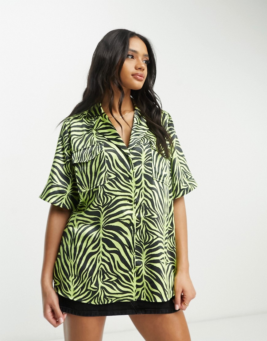 HUGO Eraja relaxed fit silky shirt in yellow with zebra print