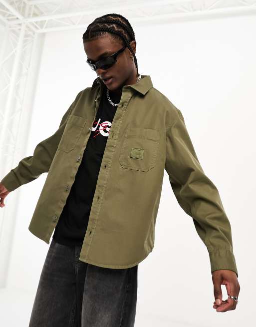 HUGO – Erato – Oversized-Hemd in Khaki mit Taschen