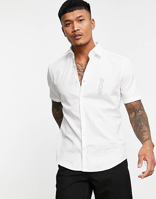 HUGO Ermino slim fit short sleeve shirt with contrast logo in white