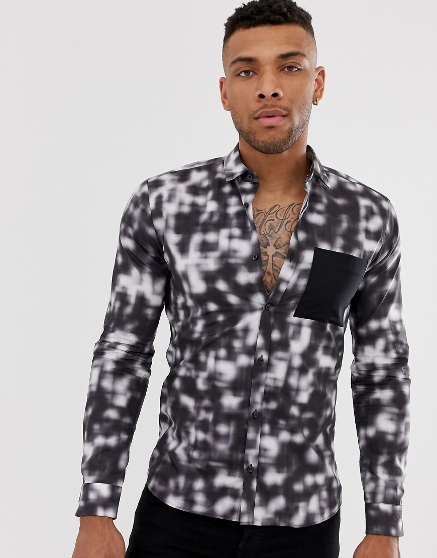 HUGO - Ero - Overhemd met contrasterend borstzakje en print in zwart