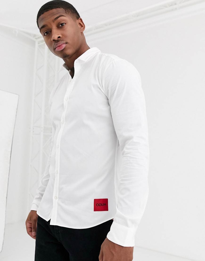 HUGO - Ero3 - Camicia slim con logo squadrato a contrasto bianca-Bianco