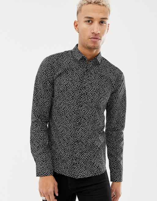 HUGO - Ero3-W - Extra slim-fit overhemd met geoprint in zwart