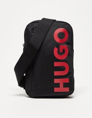 HUGO - Ethon - Borsa a tracolla multiposizione nera con logo grande