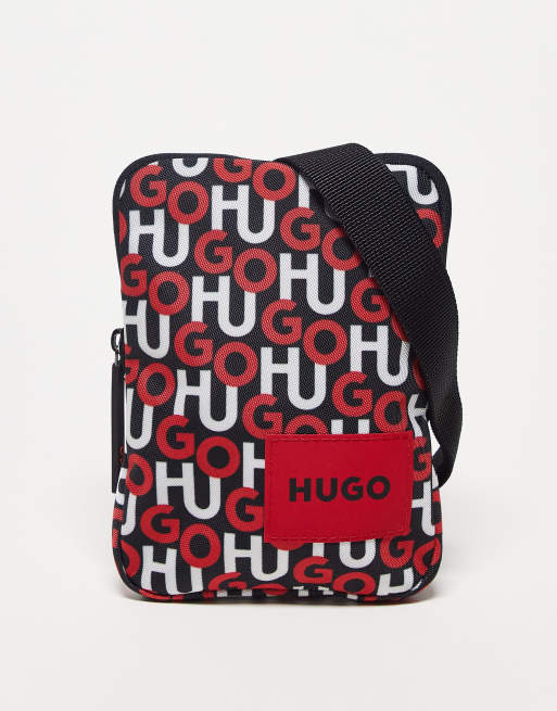 HUGO – Ethon – Czerwona torebka crossbody z logo na całej powierzchni