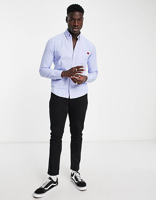 Hugo Evito slim fit long sleeve cotton shirt in blue | ASOS