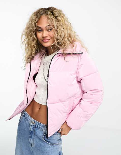 Skinnydip Mid Pink Daisy Embroidered Cord Puffer Jacket