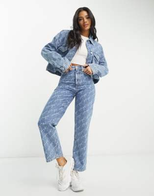 HUGO Galentina denim jacket in light blue with all over script logo - ASOS Price Checker