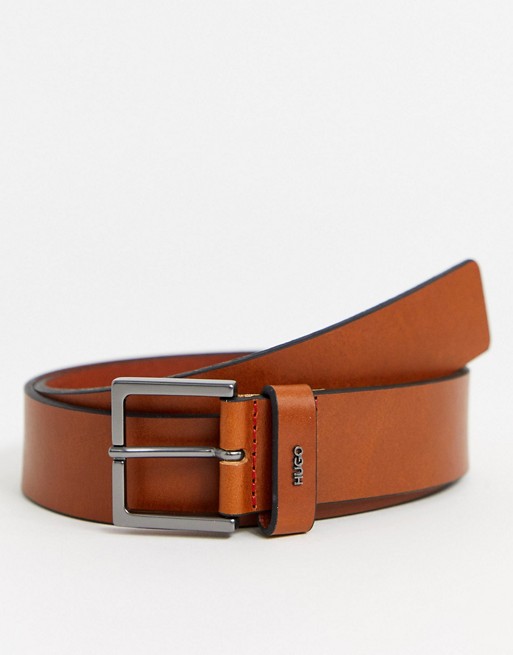 HUGO Giove smart logo detail leather belt in tan