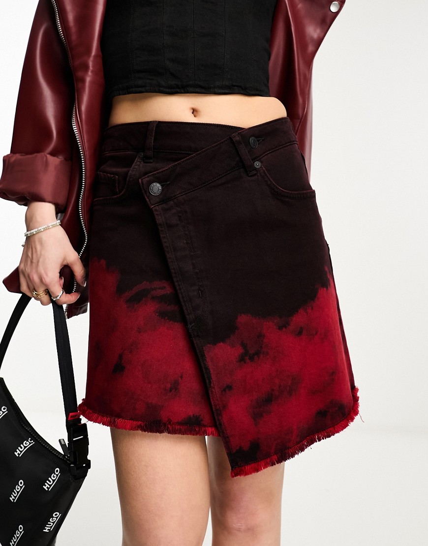 HUGO Giowanna denim wrap front skirt in black and red