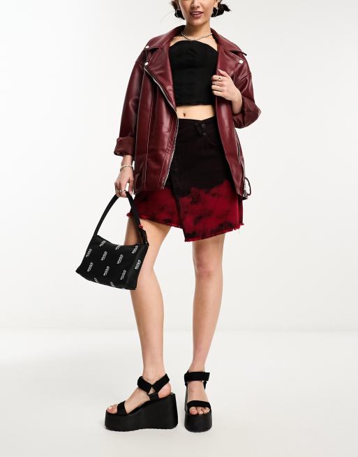 Black denim skirt outfit red best sale