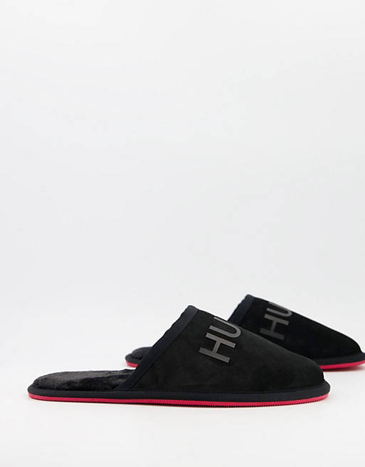 HUGO large logo suede mule slippers in black