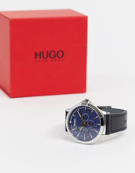 Hugo leap leather watch in black 1530172