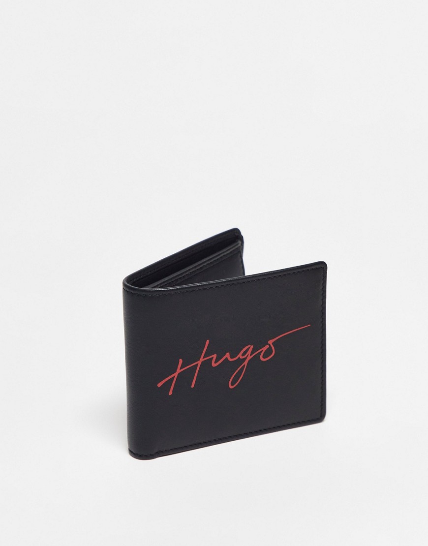 HUGO leather billfold wallet in black with point pocket and script logo