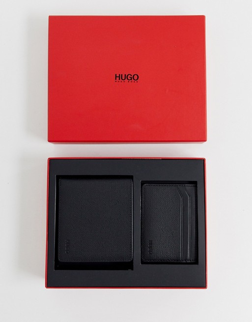 HUGO leather wallet and card holder gift set in black