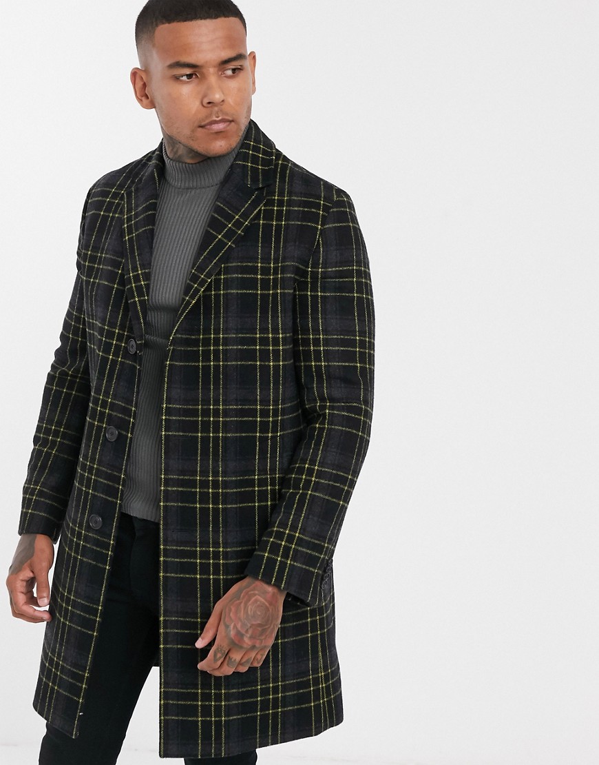 HUGO Malte wool mix check overcoat in black-Multi