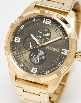 Hugo mens bracelet watch with green dial in gold 1530277