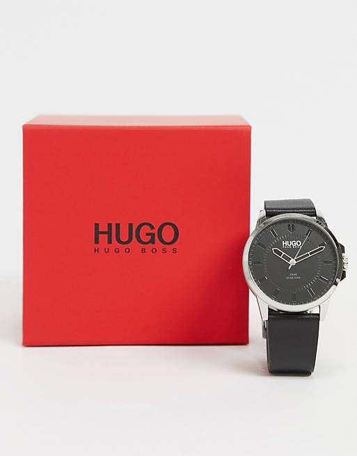 Hugo mens leather watch in black 1530188
